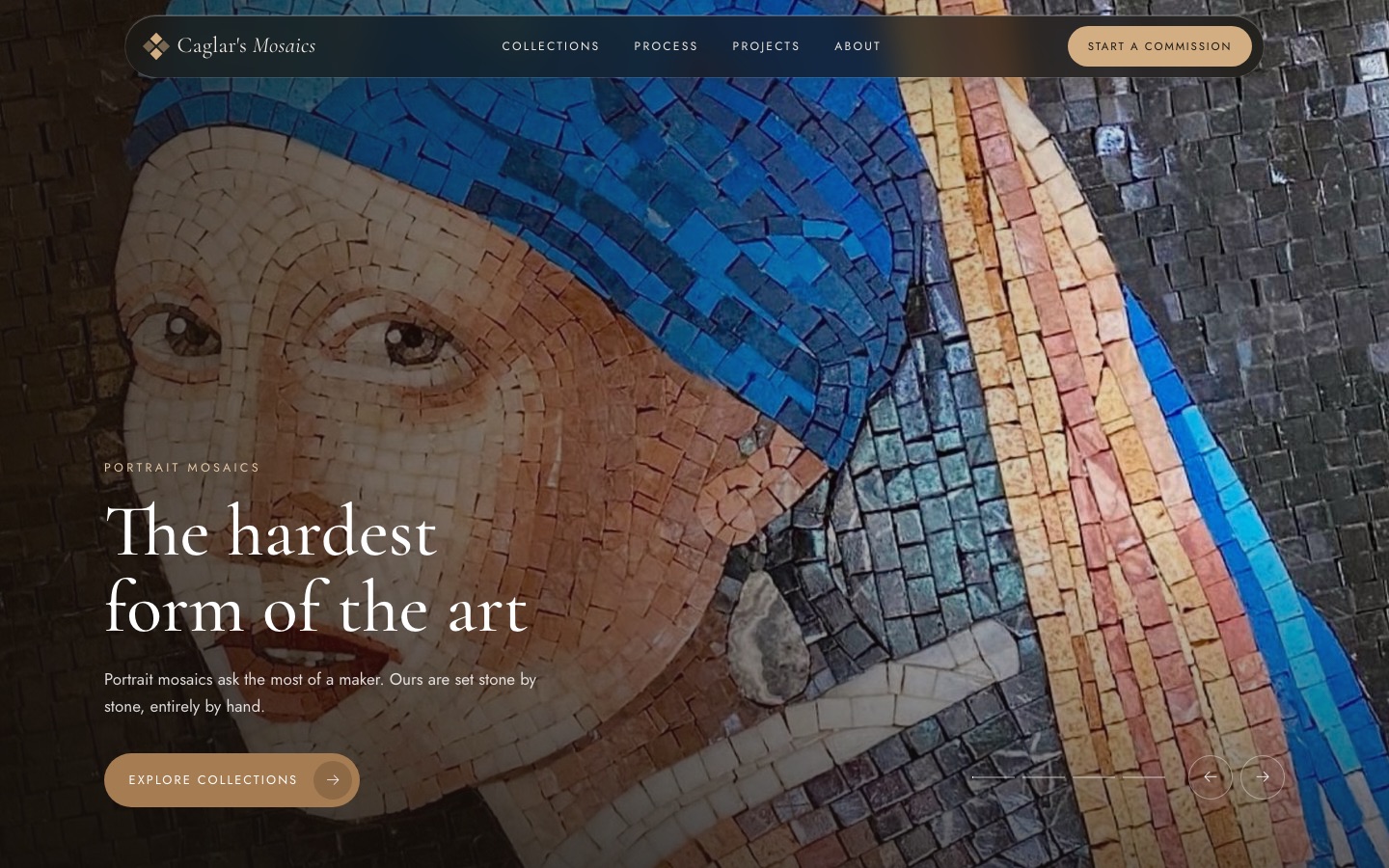 Caglar's Mosaics website with a stone mosaic portrait filling the screen
